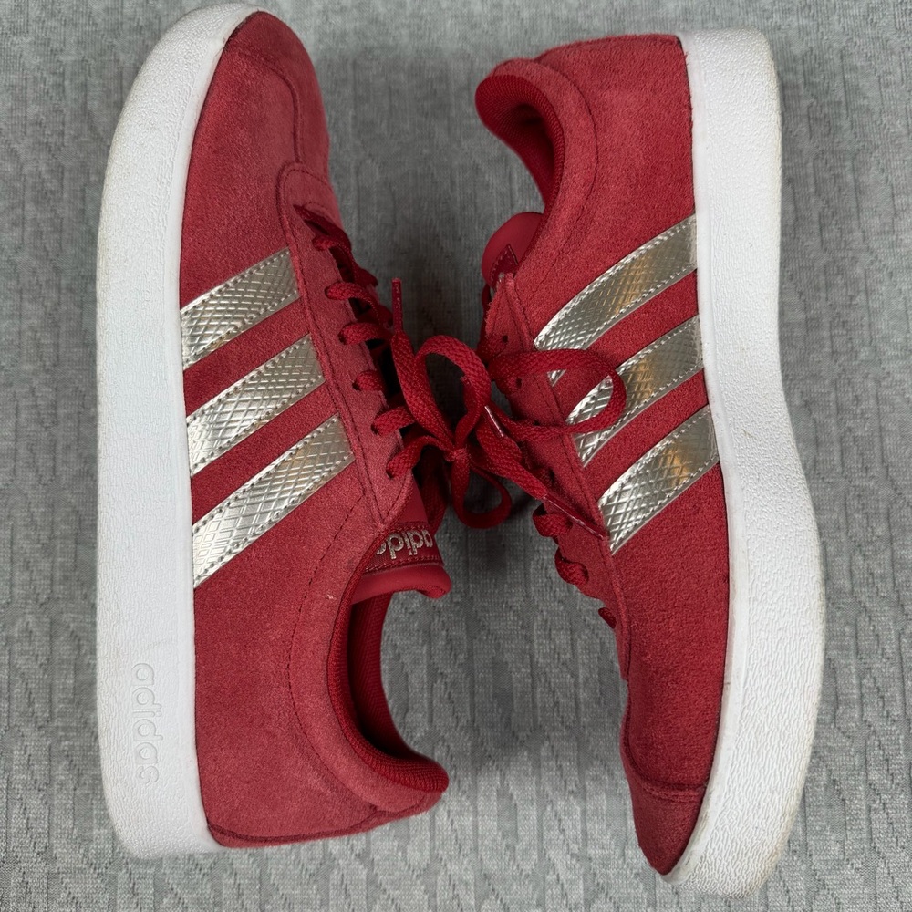 adidas Red Suede Athletic Sneakers with Metallic Silver Stripes